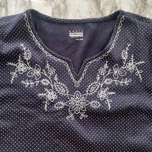 Basic Editions Women’s  Size 2X Navy Polka Dot Floral Embroidered Long Sleeve